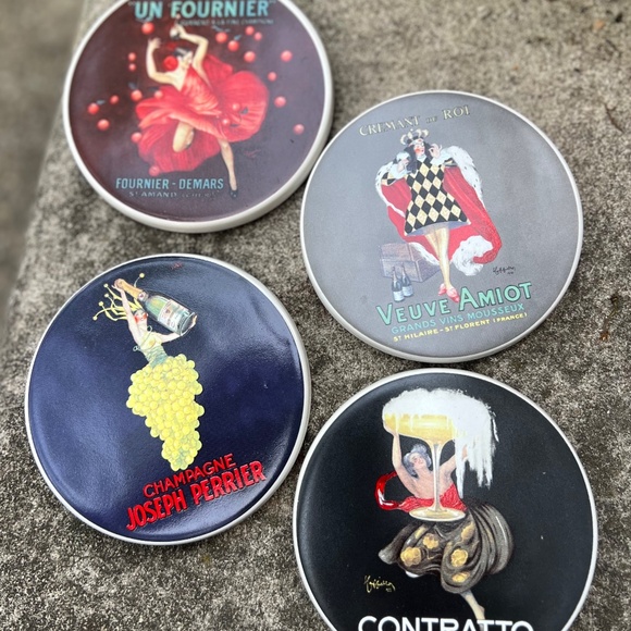 Four colorful Pottery barn ceramic coasters, French champagne theme, - Picture 5 of 6